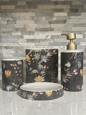 Floral Ceramic Bath Accessory Set in Charcoal - Brand: Kassatex